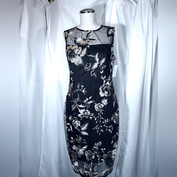 Calvin Klein TAG Lace Dress, Golden Metallic Treading/Black, Zip, Sleeveless, 8 - Picture 1 of 11